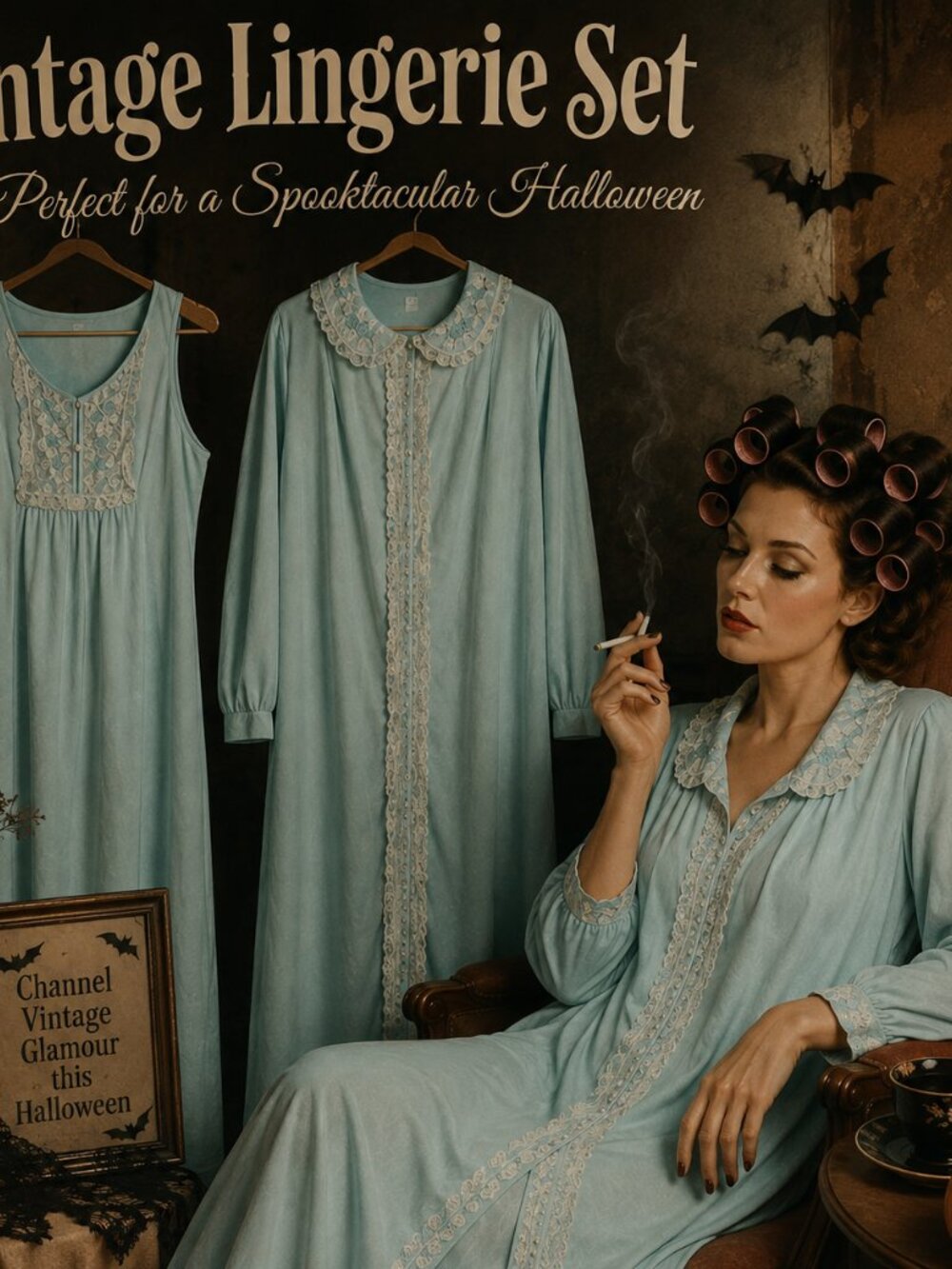 Vintage 60s 70s Peignoir Set Blue Lace Nightgown & Long Sleeve Robe 2PC Lingerie